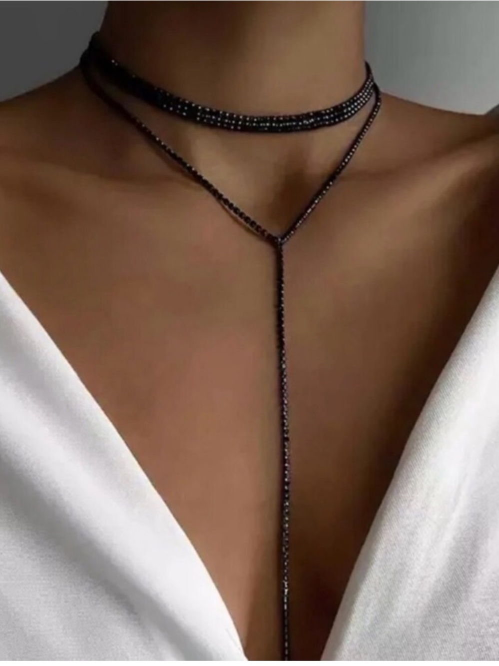 Black Rhinestone Long Tassel Choker Necklace